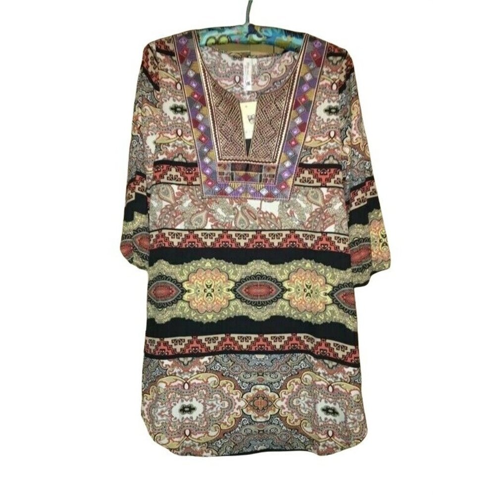 BOHO Hippie TUnic Top Aztec Geometric Festival Colorful  3/4 Sleeve Small NEW - Picture 7 of 7